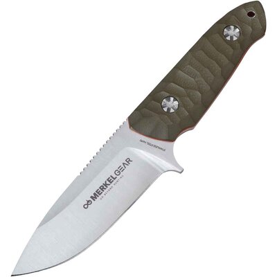 Poľovnícky nôž Merkel Gear G10 s veľkou čepeľou z ocele AUS-8 a zelenou rebrovanou rukoväťou s priehradkou.