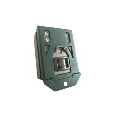 Bezpečnostný box pre fotopascu SG520 na ochranu pred poškodením. Vyrobený z 2 mm oceľového plechu, s matnou povrchovou úpravou v tmavo zelenej farbe. Určený na montáž na strom alebo budovu, s možnosťou zabezpečenia lanovým zámkom.