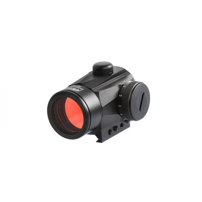 Kolimátor Delta Optical CompactDot HD 28 s červeným bodom a montážou weaver, zobrazený z boku s viditeľnými ovládacími prvkami pre nastavenie jasu.