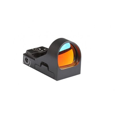 Kolimátor Delta Optical MiniDot HD 26 s červeným bodom a odolnou konštrukciou, zobrazený z boku s viditeľnými ovládacími prvkami na nastavenie jasu a pozície bodu. Má moderný dizajn a šošovku s antireflexnou úpravou.