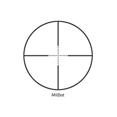 Obraz MilDot kríža používaného v puškohľadoch Delta Titanium, znázorňujúci presný merač vzdialenosti s bodkami na zameranie.