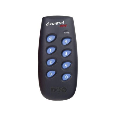 Náhradný vysielač d-control easy k výcvikovému obojku pre psy, s tlačidlami a logom značky, zobrazený na bielej ploche.