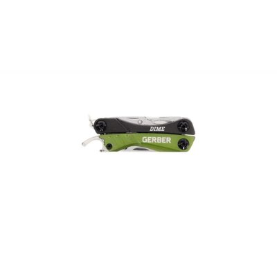 Multifunkčné kliešte Gerber Dime Micro-Tool Green s kompaktnými rozmermi, vyrobené z ocele 3Cr13, dizajnované na nosenie na krúžku s kľúčmi. Obsahuje 10 nástrojov vrátane noža na rozrezávanie balíkov a motýlkový systém otvárania. Atraktívny zelený dizajn.