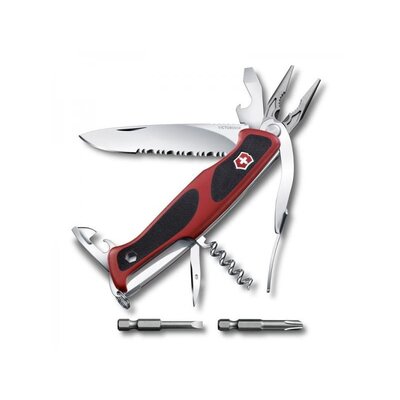 Vreckový nôž Victorinox Rangergrip 174 Handyman s 17 funkciami, vrátane veľkej zúbkovanej čepele, črienky s pogumovaným povrchom a nylonového puzdra na opasok.